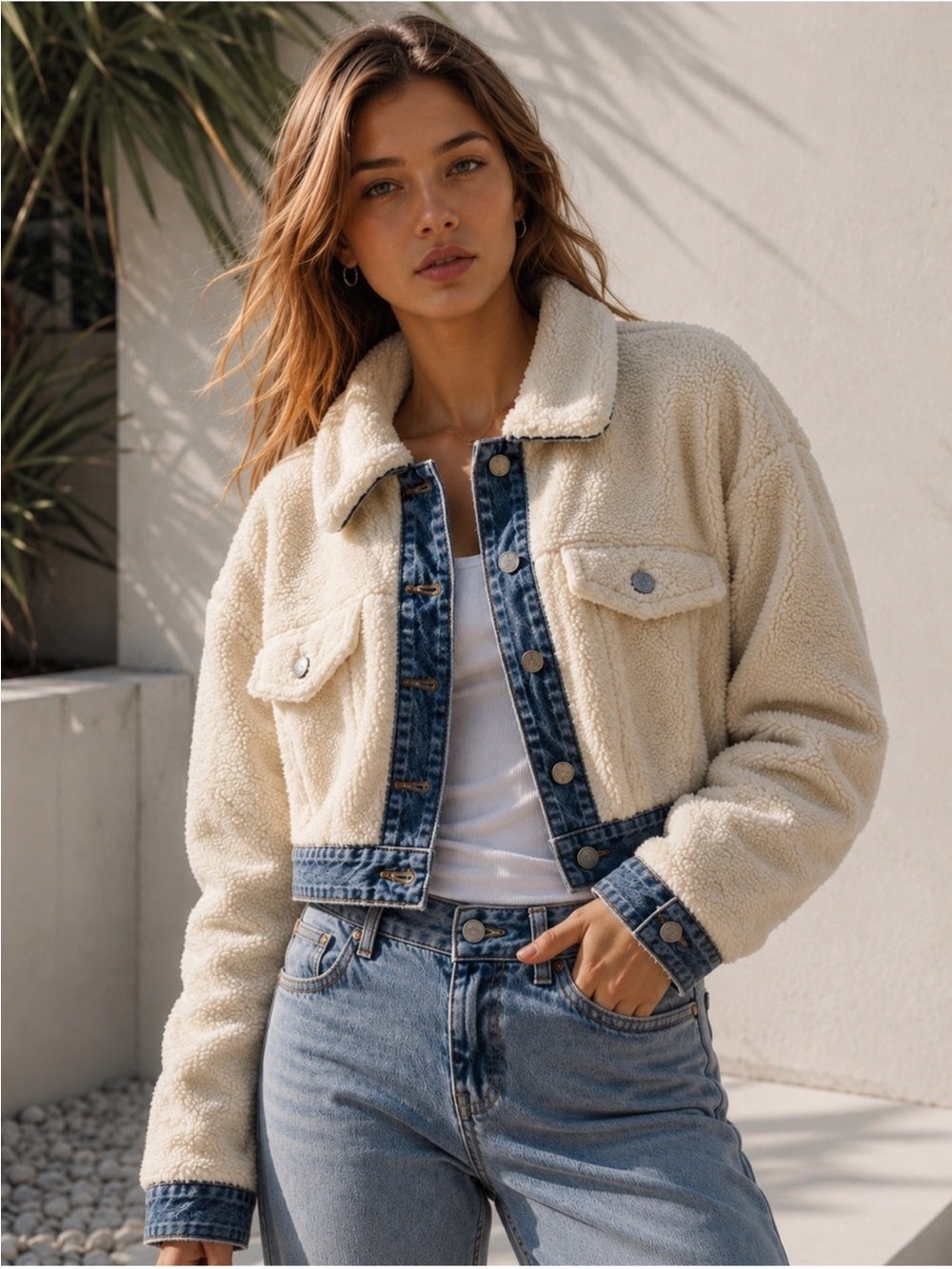 PacSun Sherpa fuzzy crop jacket Jean denim button up small s